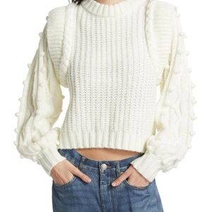 FARM Rio White Braided Pom Pom Cable-Knit Puff Sleeve Sweater